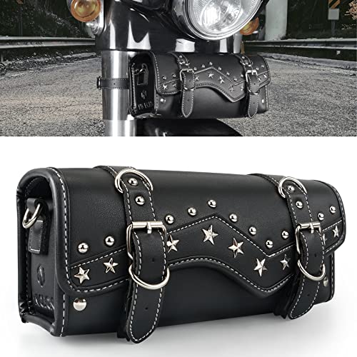 NICECNC Motorcycle Fork Bag Handlebar Bag, Star Rivet Rock Style Vintage PU Leather Classic Cowhide Lines, Universal Motorcycle Tool Storage Bag Sissy Bar Side Tail Frame Bag, Cowhide Texture-Black - color: Black-Calfskin Pattern-Star Rivet Style