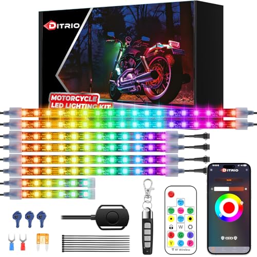 8PCS Motorcycle Led Underglow Kit with Brake Turn Signal, Motorcycle RGB Lights with DITRIO APP/RF Remote Control, Dual Zone,12V Waterproof Pixelglow Effects for Motorcycles, Golf Carts,UTVs, Boats - size: 8 PCS(New 3 Control Mode)