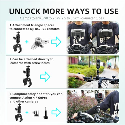 Bike Holder Mount Adapter for DJI RC 2/ RC Controller,360° Dual Ball Head Motorcycle Handlebar Holder Clamp for DJI Mini 4 Pro/Mini 3 Pro/Air 3/Mavic 3 Pro Smart Remote Controller, Black