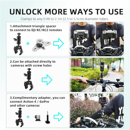 Bike Holder Mount Adapter for DJI RC 2/ RC Controller,360° Dual Ball Head Motorcycle Handlebar Holder Clamp for DJI Mini 4 Pro/Mini 3 Pro/Air 3/Mavic 3 Pro Smart Remote Controller, Black