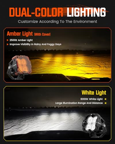 NOVSIGHT LED Pods Lights Ditch Light - 3 Inch Offroad Light 80W Ultra Bright Waterproof LED Pods with Covers, Off Road Flood Lights Work Light for Truck Wrangler Jeep Pickup Ram SUV ATV Boat - color: 3 Inch White/Amber Flood/Ditch Beam