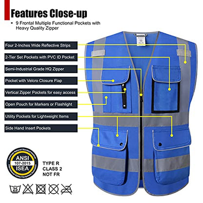 Class 2 Retro-Reflection Safety Vests 9 Pockets and Front Zipper ANSI/ISEA 107-2015(Blue-3, X-Large) - color: Blue-3, size: X-Large