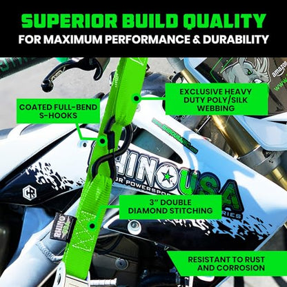 Rhino USA Motorcycle Tie Down Straps (2 Pack) Lab Inspected 2,200lb Break Strength, Steel Cambuckle Tiedown Set with Integrated Soft Loops - Better Than a Ratchet Strap (Green 2-Pack) - color: Green 2-Pack