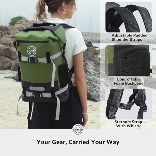 STOVER 5/10/25/30/40/55L Waterproof Dry Bag- Roll-Top Backpack w/Phone Case- Kayaking, Hiking, Camping, Boating- Men/Women - color: 40l Green (With Phone Case), size: 40L
