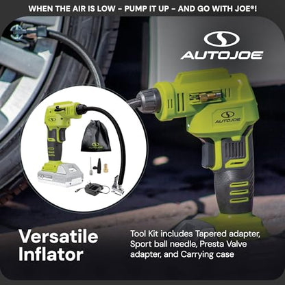 Sun Joe Cordless Tire Air Inflator and Compressor Kit w/ 2.0-Ah Battery, Charger and Nozzle Adapters - Portable Battery-Powered Inflating Tool for Car Wheels, Pools, and Bikes, IONMAX 24V-AJC-LTE - style: Standard Kit (w/2.0-Ah Battery + Charger)