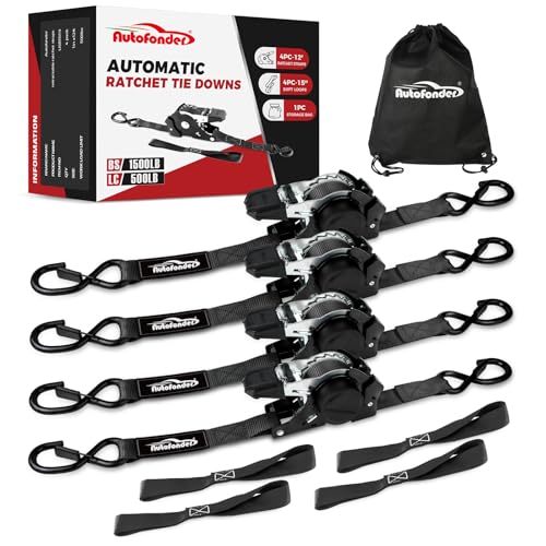 Retractable Ratchet Straps with Soft Loops (4 Pack)-(1,500lb Break Strength)-1 Inch x 12 Feet Heavy Duty Auto Self Retracting Tie Down Strap for Truck, Cargo Trailer, Motorcycle, Rad & More - color: Black Retractable