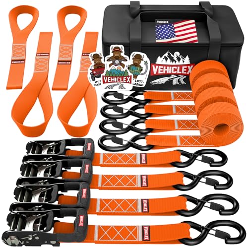 Vehiclex Motorcycle Ratchet Tie Down Straps with Soft Loops - 4PK Heavy Duty 1.5" x 8ft Kit, 4,400 lb Breaking Strength for Powersports, Orange - color: Orange, size: 8 ft - 4 Pack