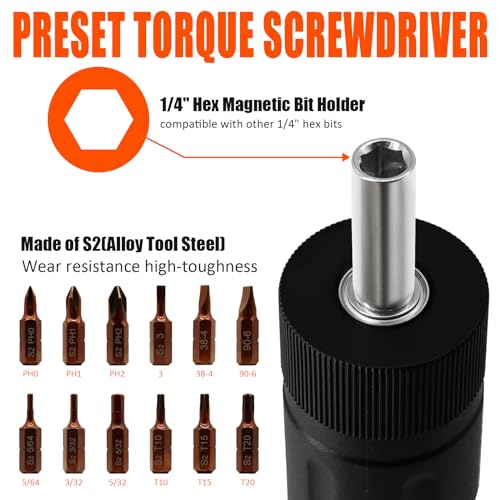coobeast 13Pcs Preset Torque Screwdriver with S2 Bits, 1/4” Drive Torque Wrench Screwdriver Set for Maintenance, Tools, Bike Repairing and Mounting, Inch Pound Torque Range 10-70 In-lb - size: 13 PCS