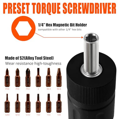 coobeast 13Pcs Preset Torque Screwdriver with S2 Bits, 1/4” Drive Torque Wrench Screwdriver Set for Maintenance, Tools, Bike Repairing and Mounting, Inch Pound Torque Range 10-70 In-lb - size: 13 PCS