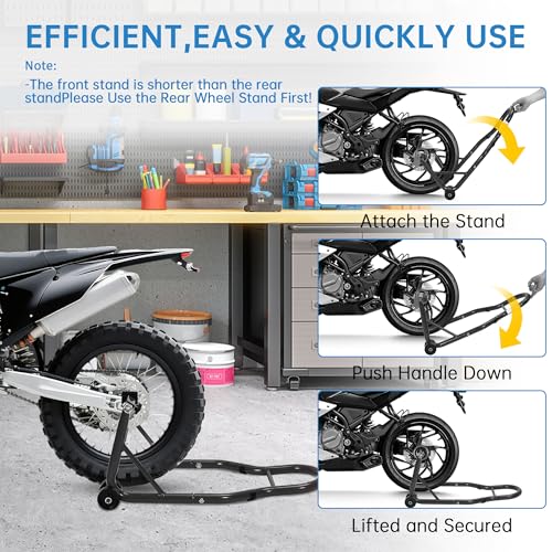 Motorcycle Front & Rear Stand Combo, Universal Wheel Lift Paddock Stand with Prong Adapters+L Adjustable Swingarm Spool, 900 LB Capacity Heavy Duty for Most Bikes,Black - color: Black
