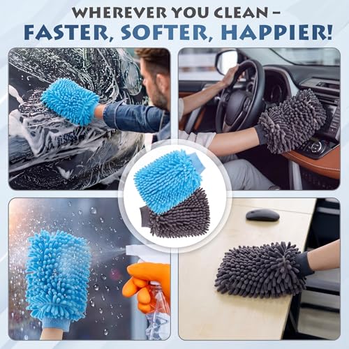Patelai 30 Pcs Car Wash Mitts Bulk Microfiber Scratch Free Detailing Chenille Car Washing Gloves Hand Double Sided Absorbent Cars Sponge for Washing Cleaning Trucks Boats, 9.45 x 5.9 Inch(Grey,Blue) - color: Grey,blue