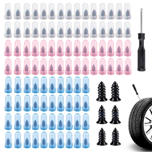 100 Pcs Tire Repair Screws Kit, Screw in Tire Plugs, Tire Plug Kit with Screwdriver, Tire Repair Kit for Car Truck Motorcycle, Tire Puncture Repair Rubber Nail Kit, Fix a Flat Emergency Tool