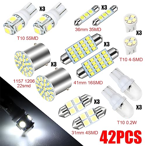 42 Pcs Car LED Lights Kit, Auto Interior Bulbs Set, 6000K 12V T10 For Accessory, Brake, License Plate, Map, Parking Lights
