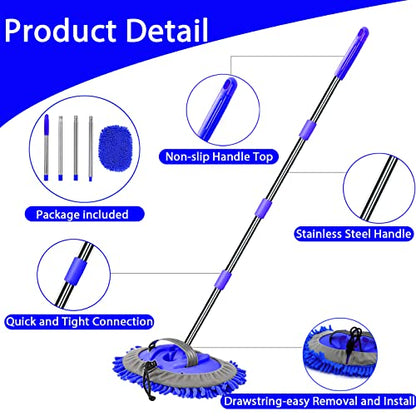 WillingHeart 63" Car Wash Mop Brush Tool Mitt with Long Handle Length More Suitable for Washing American Cars Truck, SUV, RV, Trailer, 2 in 1 Chenille Microfiber Duster Not Hurt Paint Scratch Free - color: Blue