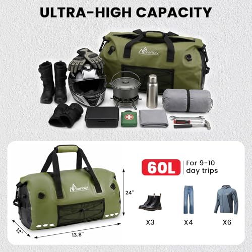 60L Waterproof Duffel Bag - Large Motorcycle Dry Bag Backpack, Roll Top Heavy Duty Travel Bag with Shoulder Straps for Riding, Kayaking, Camping & Travel