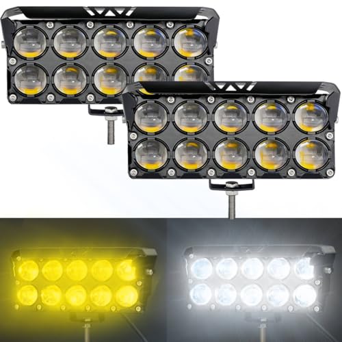 LED Motorcycle Spotlight Yellow/White Hi-Low Combo Beam Driving Fog Lights, 2Pcs 6.5Inch LED Offroad Pod Light, Dual Row External Work Auxiliary Lights for Trucks, Vehicles, ATVs, UTVs,Tractors - size: Dual Row