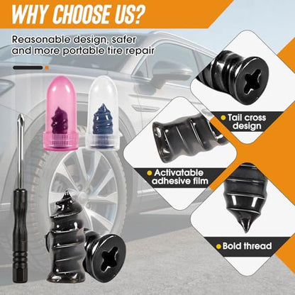 101PCS PCS Tire Repair Rubber Nail, Vacuum Tire Repair Kits Spiral Rubber Nails, Tire Screw Plug Fast Tool Self Service Tire Repair Nail for car, Motorcycle, Truck, Tractor Tire Puncture Repair | tire repair plugs kit for car, motorcycle, truck, tractor N