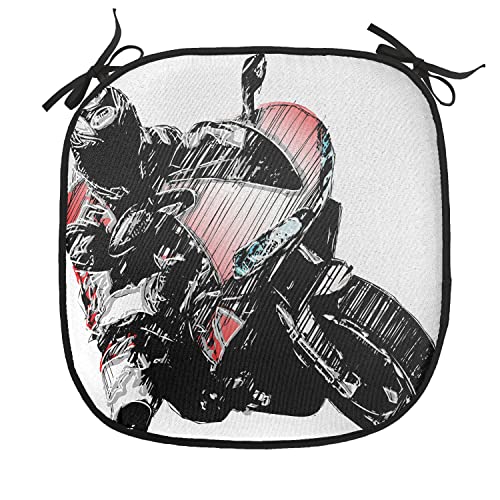 Lunarable Motorcycle Chair Cushion Pad, Motorcycle Rally Race Sketchy Image Grunge Effects Speed Championship Competition, Seat Padding for Kitchen & Patio with Anti-Slip Backing, 16"x16", Red Black - color: Red Black, size: Pack of 1