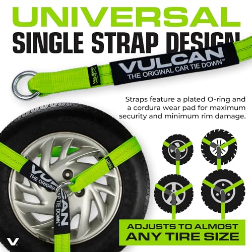 VULCAN Car Tie Down with Snap Hooks - Lasso Style - 2 Inch x 96 Inch - 4 Pack - High-Viz - 3,300 Pound Safe Working Load - size: Snap Hooks - High Viz Green (4 Pack)