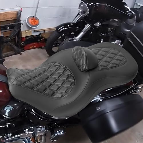 One-Piece Driver Passenger Seat Motorcycle 2-Up Seat with Driver Backrest Cushion Pad Compatible with Harley Softail Sport Glide FLSB Low Rider FXLR FXLRS FXLRST 2018-Later (Black Diamond Stitching) - style: Black Diamond Stitching with Backrest
