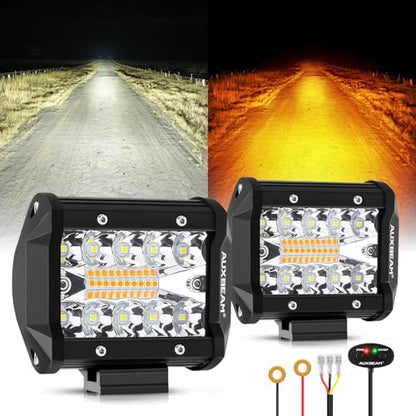 Auxbeam 6 Modes Amber White Series 4 Inch 120W Strobe LED Pod Lights Dual Color Auxiliary Offroad Light Bar Spot Flood Combo Flashing Fog Lights A-Pillar Bumper Grille Mount, Pair - color: 4"