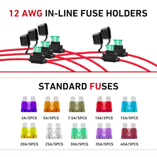 5PCS Inline Fuse Holder, 12AWG Fuse Holder, 12V Waterproof Car Gauge Inline Fuses, with 50PCS Standard Car Fuses (3A/5A/7.5A/10A/15A/20A/25A/30A/35A/40A), for Auto, Marine Lighting