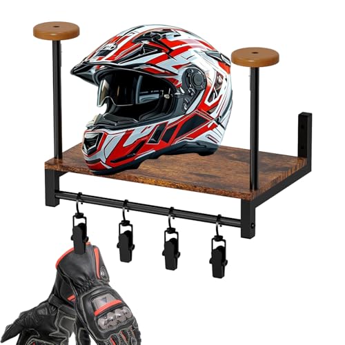 Hat Rack Wall Mount - Hat Holder Wall Hanger - Organizer with 4 Clips, Safety Hanger Display Stand, Wooden Storage Rack for Jacket, Gloves, Motorcycle Accessories