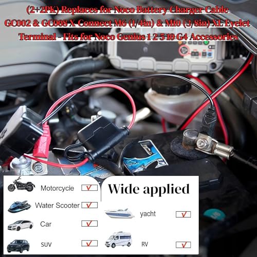 (2+2PK) Replaces for Noco Battery Charger Cable GC002 & GC008 X-Connect M6 (1/4in) & M10 (3/8in) XL Eyelet Terminal - Fits for Noco Genius 1 2 5 10 G4 Accessories - size: 2+2PK-GC002(M6) GC008(M10)