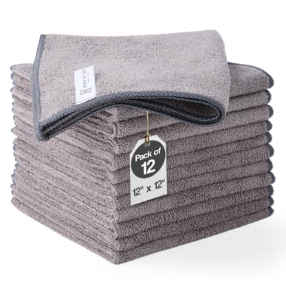 Microfiber Cleaning Cloth 12 Pack, 12x12 Inch Lint Free Streak Free Towels, Ultra Absorbent Cleaning Rags for Cars, Auto Detailing, Kitchen & Windows (12, Grey) - color: Grey