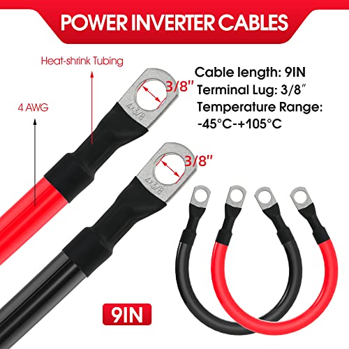 4 AWG Battery Cable 4AWG Gauge Pure Copper Battery Inverter Cables with 3/8 in Lugs Both Ends Power Inverter Wire Set for Automotive Solar Marine Boat RV Car Motorcycle Red and Black (9in) - size: 9in