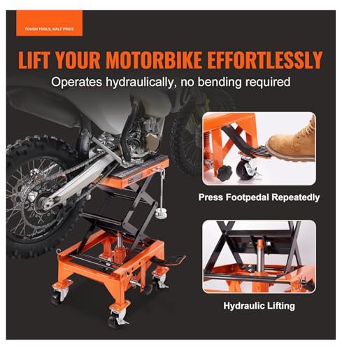 Motorcycle Lift Table Hydraulic, 350 LBS Scissor Jack, ATV Dirt Bike Lift Stand - Wide Deck, 4 Wheels, Foot Pedal Operated