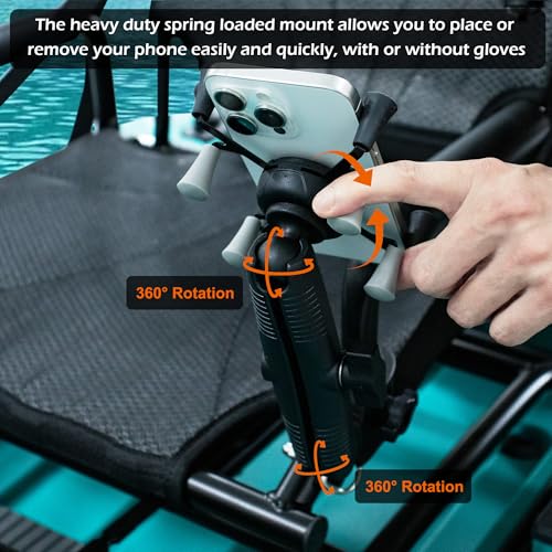 Kayak Phone Mount with Clamp Ball Base, 360° Adjustable Marine Grade Aluminum Holder with 6.7" Long Arm, for Fishing Boat and Motorcycle, Suitable for Bars and Rails with 0.71"-1.61" Diameter
