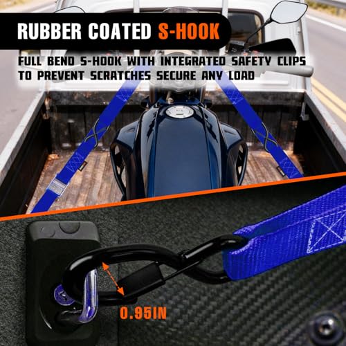 2PK 1.5" x 8FT Motorcycle Tie Down Straps, 3,000lb Break Strength, Heavy Duty Cambuckle, Safety S-Hooks & Soft Loops for Dirt Bike, ATV, UTV, Boat, and Kayak, Durable and Easy to Use, Blue - color: Blue