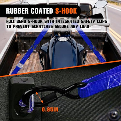 2PK 1.5" x 8FT Motorcycle Tie Down Straps, 3,000lb Break Strength, Heavy Duty Cambuckle, Safety S-Hooks & Soft Loops for Dirt Bike, ATV, UTV, Boat, and Kayak, Durable and Easy to Use, Blue - color: Blue