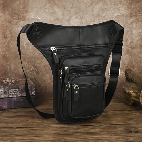 Le'aokuu Mens Genuine Leather Motorcycle Tactic Belt Waist Pack Drop Leg Cross Over Bag - color: 3111 Black