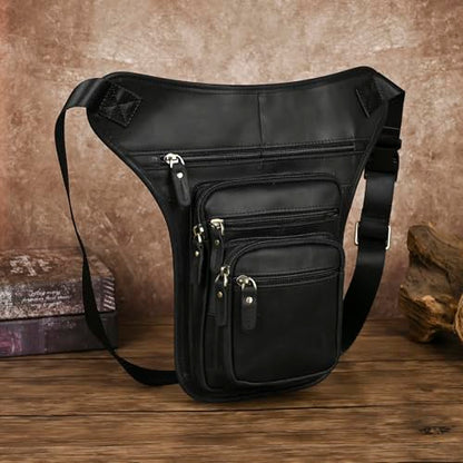 Le'aokuu Mens Genuine Leather Motorcycle Tactic Belt Waist Pack Drop Leg Cross Over Bag - color: 3111 Black