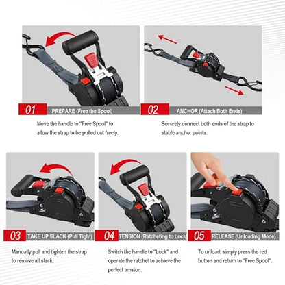 AWELCRAFT Retractable Ratchet Straps 4 Pack,Heavy Duty 1In x 12 Feet 1500lb Break Strength,Auto Self Retracting Tie Down,S-Hook with Safety Clips for Trucks,Cargo,ATV,Motorcycle