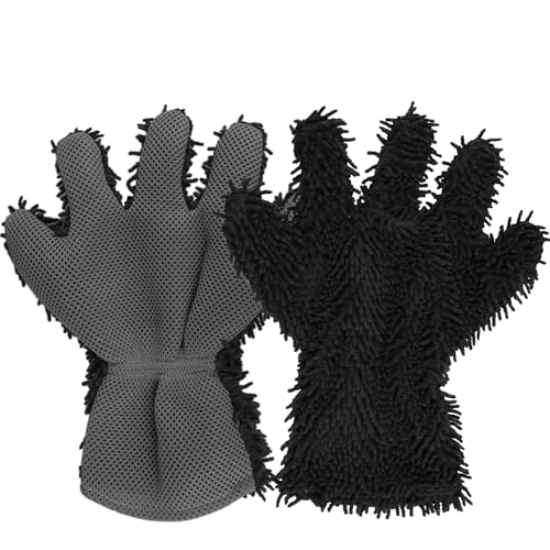 2PCS Car Wash Mitt, 5 Finger Chenille Microfiber Cleaning Mitt for Cars, Scratch-Free Auto Washing Gloves, Car Interior Exterior Cleaning Gloves, Great for Hard-to-Reach Areas (Black+Gray) - color: Black+gray