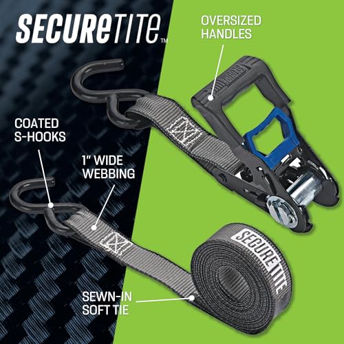 Secure Tite 4-Pack Ratchet Straps, 1' x 12', Vinyl Coated S-Hooks, 500 lbs WLL, 1500 lbs BS