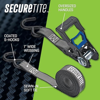 Secure Tite 4-Pack Ratchet Straps, 1' x 12', Vinyl Coated S-Hooks, 500 lbs WLL, 1500 lbs BS