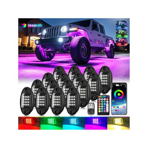 16Pods RGB LED Rock Lights for Trucks Pickup Jeep Gladiator Off-Road, Multicolor Underglow Light Kit with APP/RF Remote Dual Zone, Plug and Play&Pre Wired 12V Vehicle Underbody Accent Light Waterproof - size: 16Pods