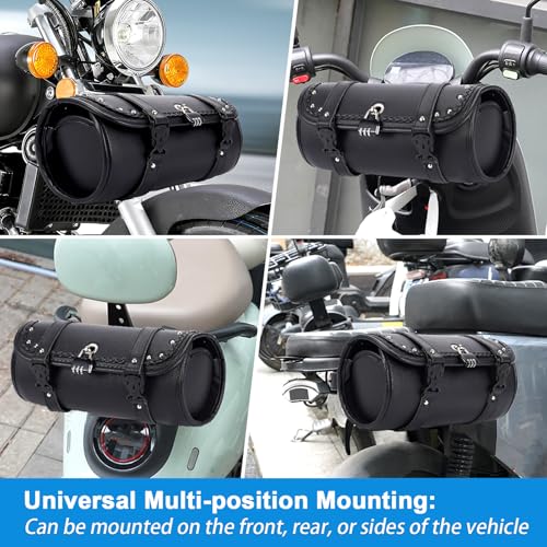 Retro Motorcycle Handlebar Bag with Combination Lock,PU Leather Handlebar Bag,Dual Mount Anti-Theft Motorcycle Tool Bag,Universal Easy Install for Most Models - color: Black - Round