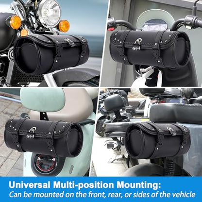Retro Motorcycle Handlebar Bag with Combination Lock,PU Leather Handlebar Bag,Dual Mount Anti-Theft Motorcycle Tool Bag,Universal Easy Install for Most Models - color: Black - Round
