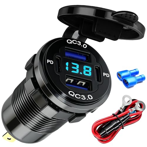 DC 12V Die Cut Mount USB Charger Aluminum Charger 4 USB Ports Dual PD and Dual QC Ports with Voltage Display Meter for Car, RV, Boat, Motorcycle and Panel Mount