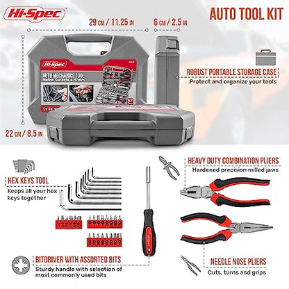 Hi-Spec 67Pc Metric Auto Mechanic Tool Set, Motorcycle & Car Tool Kit, Auto Repair with Pliers, Screwdriver Set, Socket Kit & Tool Box Storage Case for Cars, Trucks, Boats RVs & Jeeps - size: Metric_67 PCS