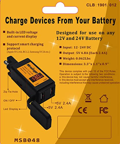 Motorcycle USB Charger, Mroinge 4.8A SAE to USB Adapter with Voltmeter & Ammeter, Quick Disconnect Plug with Dual USB Charger Perfect for Smart Device Charging, with ON/Off Switch - size: 4.8A @ 5V