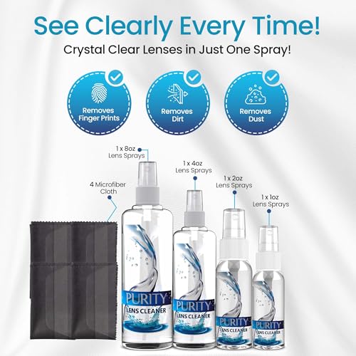 Purity Eyeglass Cleaner Family Pack - Multi-Size Lens Cleaner Kit - 1x1oz, 1x2oz, 1x4oz, 1x8oz Bottles + 4 Premium Microfiber Cloths - Safe for All Lenses, Eyeglasses, & Screens - Streak-Free Formula - style: 8 Piece Set - (1oz + 2oz + 4oz + 8oz Lens Spra
