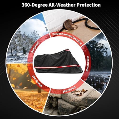 Full Enclosed Motorcycle Cover - Waterproof for Outdoor & Indoor Storage,Heavy 600D Duty with Reflective Strips,Fits Scooters & Touring Motorcycles up to Length96.5" x 45" x 53"Black - size: 96.5"L-45"W-53"H