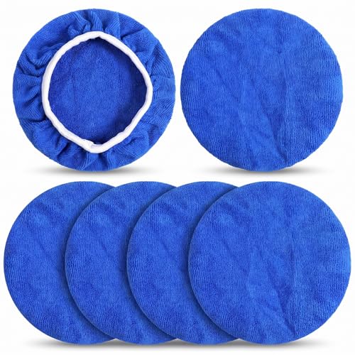 6 PCS Car Buffing Pads for 9-10 Inch Orbital Polisher, Microfiber Polishing Bonnets Buffer Pad Cover, Soft Wax Applicator for Car Detailing (Blue)