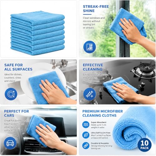 Multi-Purpose Microfiber Cleaning Cloths, Blue, 10 Pack, 9.8" x 9.8" | Highly Absorbent, Kitchen Dish Towels, Lint-Free, Reusable, For House, Car, Window - color: Blue